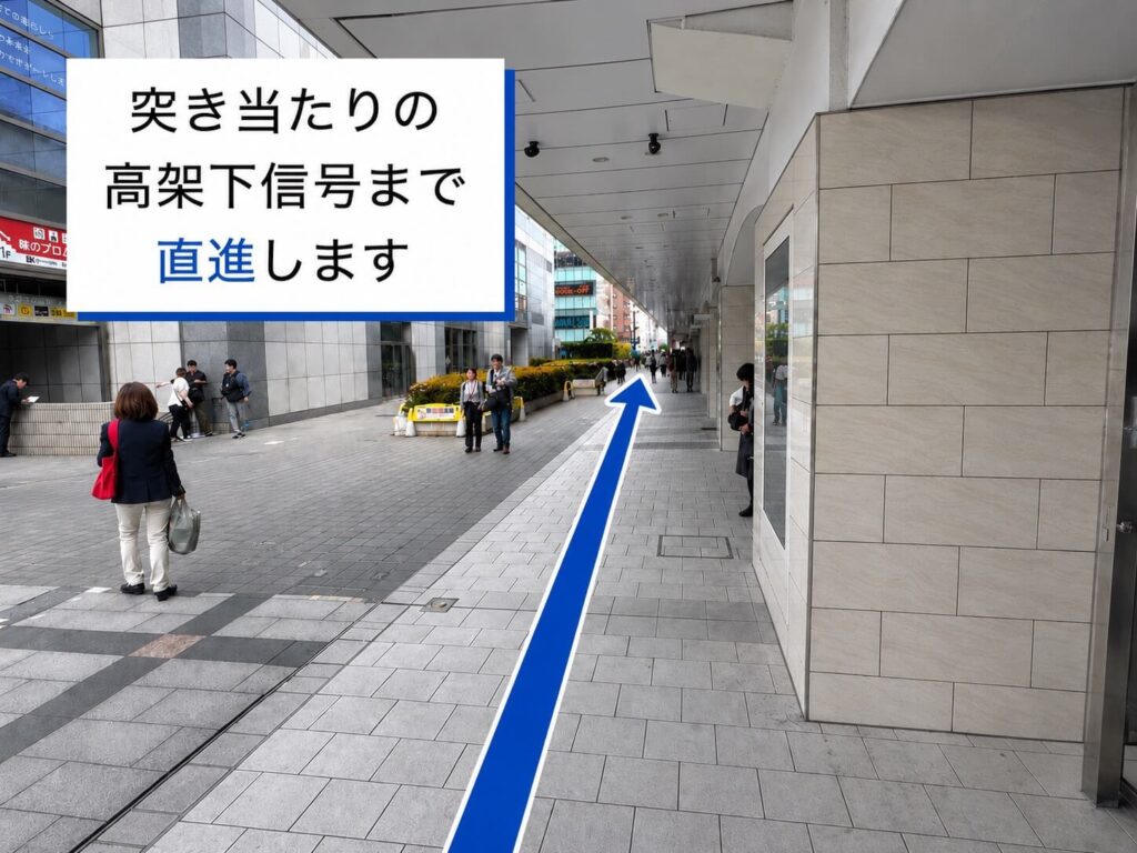突き当りの高架下信号まで直進します。