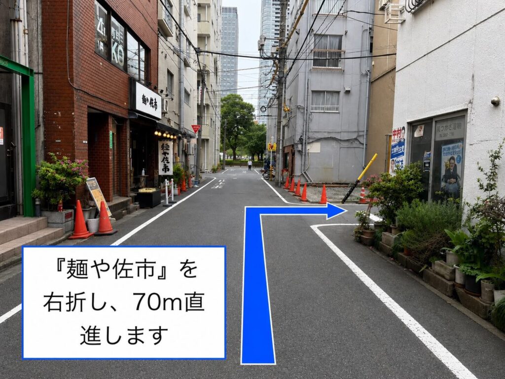 「麺や佐市」を右折し、70メートル直進します。
